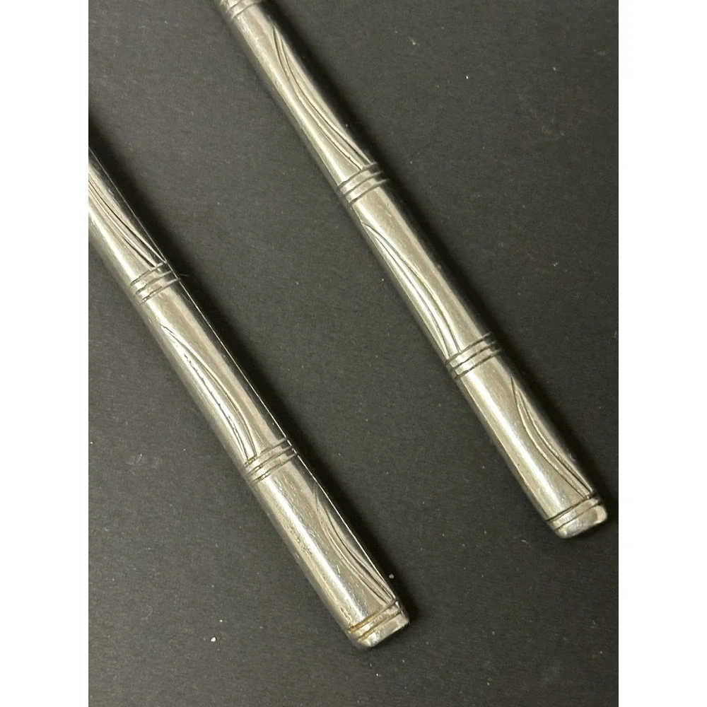 Stainless Soup Spoon & Dinner Fork Set Horizontal Bands Wavy Lines Bamboo-Like